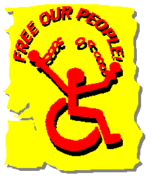 ADAPT logo: universal access symbol breaking a chair overhead; text: FREE OUR PEOPLE!